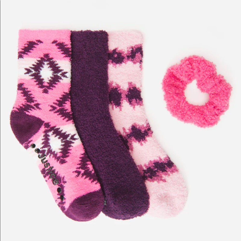 Justice Girl's 3-Pack Faux Sherpa Gripper Crew Socks Matching Hair Tie Size 4-10